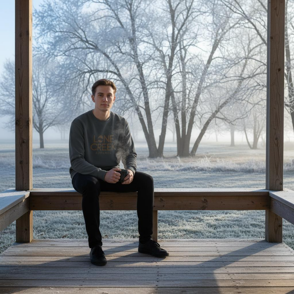 Person sitting on a wooden bench in a frosty landscape with bare trees.