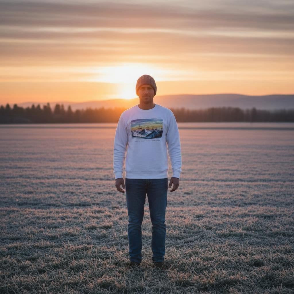 Person standing in a field with a sunset in the background