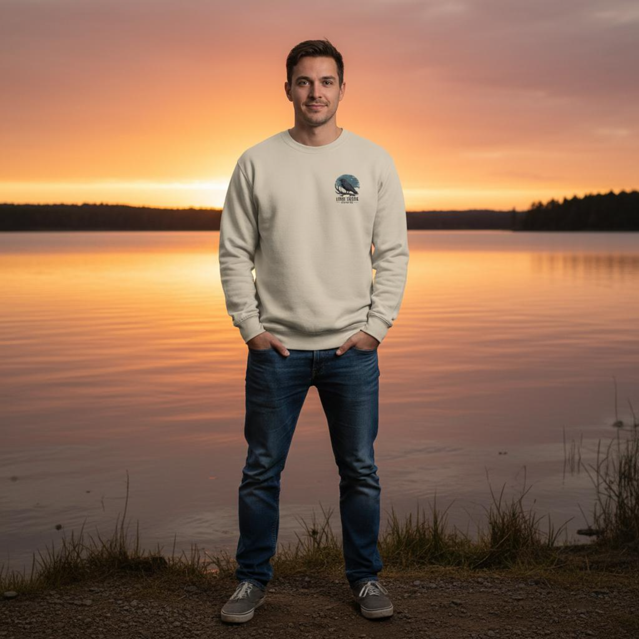 Man standing by a lake at sunset wearing a beige sweatshirt with a logo.